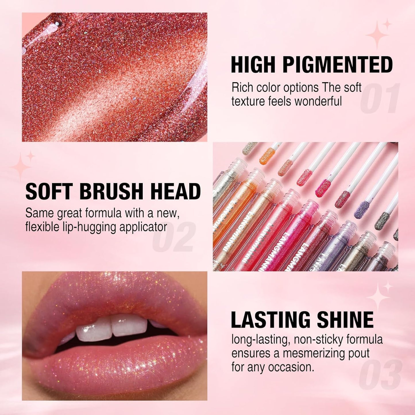 LANGMANNI 4 Colors Diamond Glitter Lip Gloss Set,Long Lasting High Shine Shimmer Liquid Lipstick Set,Hydrating,Moisturizing Lip Gloss Kit Gift Makeup For Girls(#01+02+03+04)