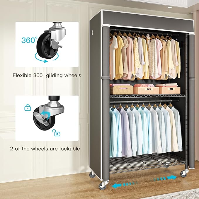 FUTASSI Black Clothing Rack with Dark Gray Cover, P1C Rolling Closets with Wheels, Metal Garment Rack for Hanging Clothes, Clothing Storage Wardrobe, 36.2" W x 16.5" D x 80.5" H, Load 450 Pounds