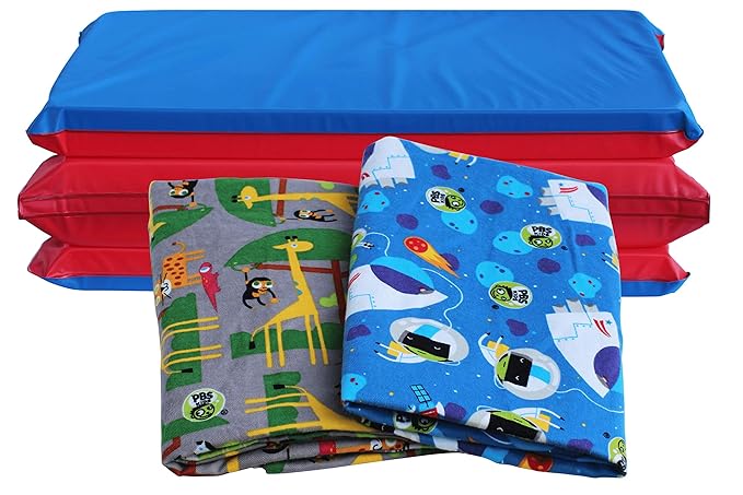 KinderMat 1.5" Thick + PBS Kids Adventure Kit - 2 Washable Covers - 47" x 22", Special Edition - Safari Party and Space Explorer - Value Bundle Great for Daycare & Family Households