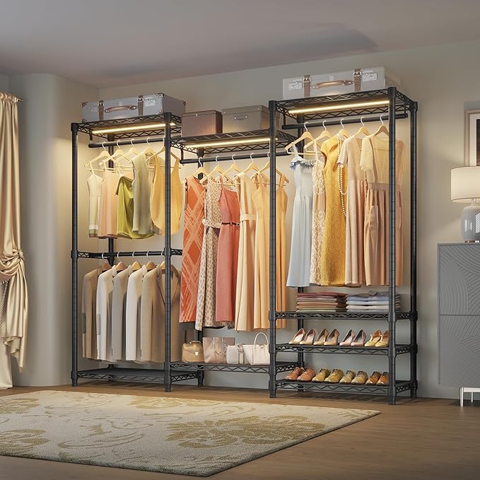 VIPEK V5L Garment Rack Heavy Duty Clothes Racks with Dimmable LED Light, 3000K Warm White, Portable Closet Wardrobe Freestanding Metal Clothing Racks for Hanging Clothes, Max Load 890lbs, Black