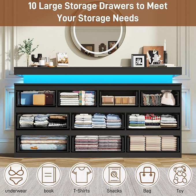 10 Drawer Dresser for Bedroom, 63“ Wide 34” Tall Drawer Organizer Cabinet with LED Light and Charge Station, Modern Chest of Drawers for Closet, Living Room, Entryway, Hallway (Black, 10 Drawers)