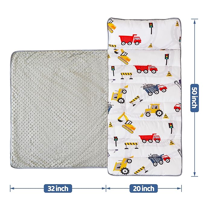 Viviland Toddler Kid Nap Mat for Preschool, Boys Car Truck Slumber Bag, Daycare Sleeping Bag with Pillow and Blanket, Kindergarten Sleep Mat