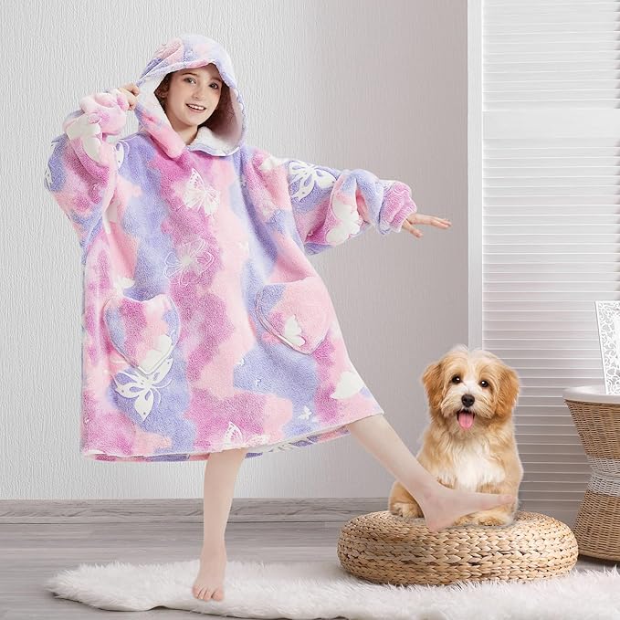 Fiosnow Glow in the Dark Butterfly Blanket Hoodies for Kids 6-13YR Oversize Wearable Blanket Hoodies for Boys Girls Teens