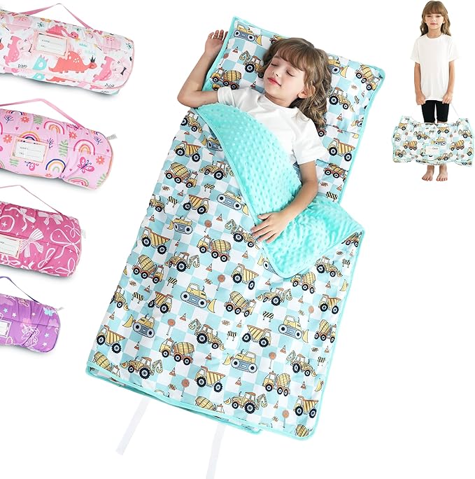 Toddler Nap Mat for Preschool 50''x30'' Sleeping Mat with Removable Pillow and Minky Blanket for Kids Ages 3-7 Roll Up Soft Sleeping Bag for Boys Girls Kindergarten Daycare Sleepover