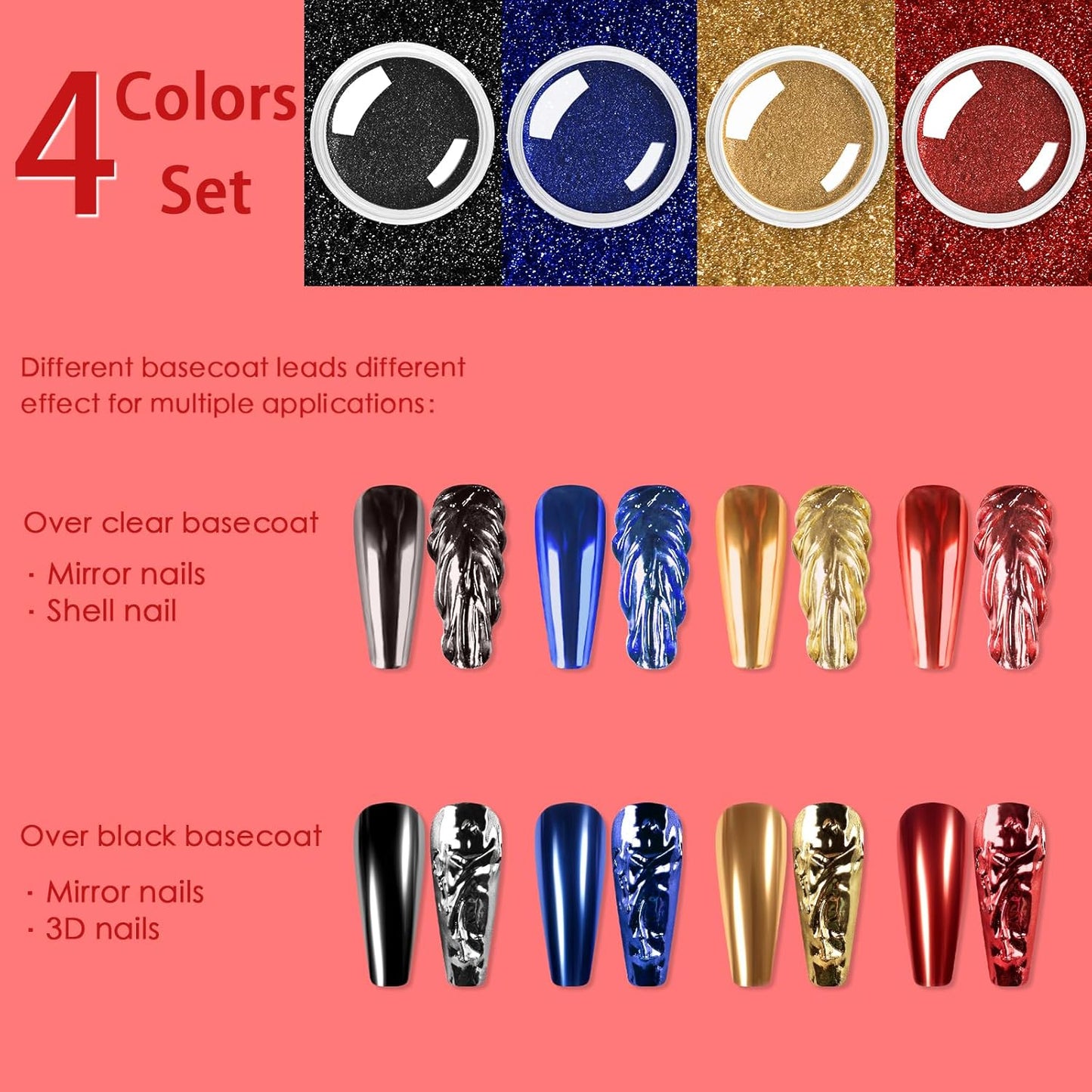 Allstarry Chrome Nail Powder 4 Colors Metallic Mirror Effect Powder Manicure Chrome Pigment Magic Glitter Dust Kit for Gel Polish Nail Art Decoration with 4 Sponge Sticks - Ruby Sapphire Series
