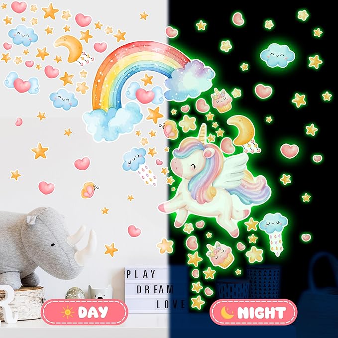 Large Unicorn and Rainbow Wall Decals Glow in The Dark, Watercolor Stars Stickers for Baby Girls Room, Luminous Ceiling Decor for Bedroom Playroom Nursery