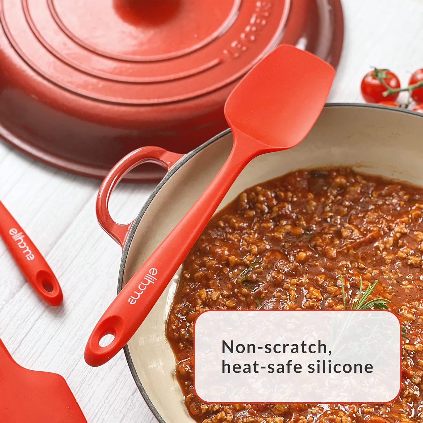 Elihome Skinny Silicone Spoonula - Non-Stick Heat Resistant Silicone Scraper Spatula for Mixing, Serving, Scraping, Stirring, and More - 11 Inch, Red