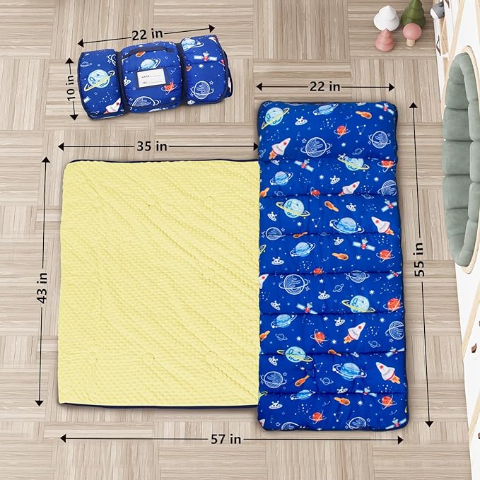 Primlect Thickened Toddler Nap Mat with Removable Pillow and Minky Blanket, Extra Large 55''x35'' Sleeping Bag, Washable, Roll up, Perfect for Daycare, Preschool, Kindergarten, Boys and Girls (Space)