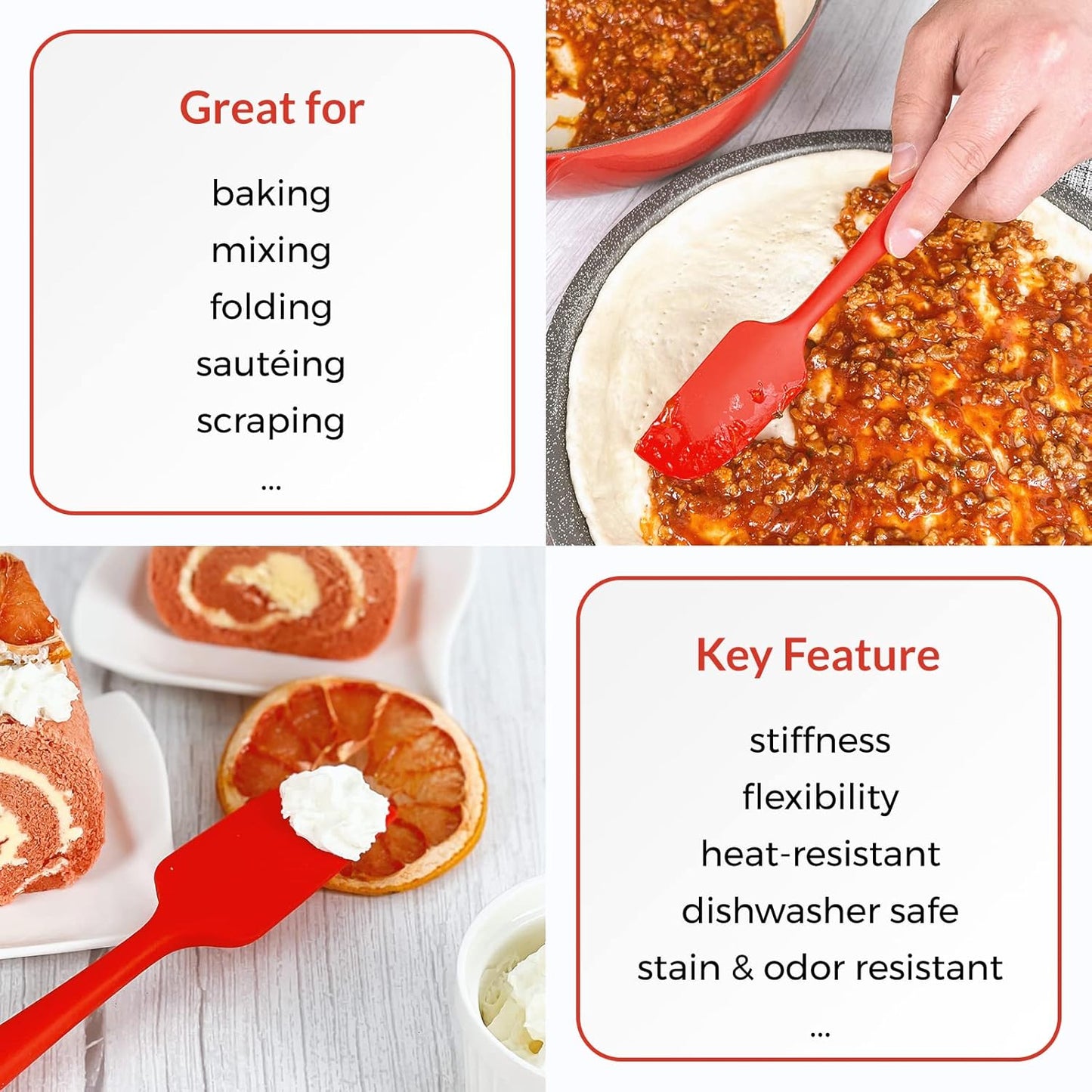Elihome Skinny Silicone Spoonula - Non-Stick Heat Resistant Silicone Scraper Spatula for Mixing, Serving, Scraping, Stirring, and More - 11 Inch, Red
