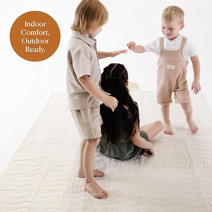 Toddlekind Premium Indoor/Outdoor Playmat & Picnic Blanket – Organic Quilted Cotton, Water-Resistant, Anti-Slip, Reversible Design, Spacious Play Mat for 6 People, Easy Roll-Up w/Carry Handle, Tofu
