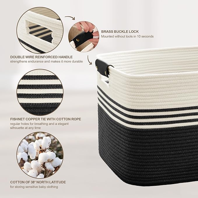 60L Large Laundry Basket with Leather Handles for Living Room Storage, Woven Rope Baskets Bin for Blanket, Kids Toy, Gifts, Wicker Hamper for Bedroom Dirty Clothes, 21"x15"x11" White Black