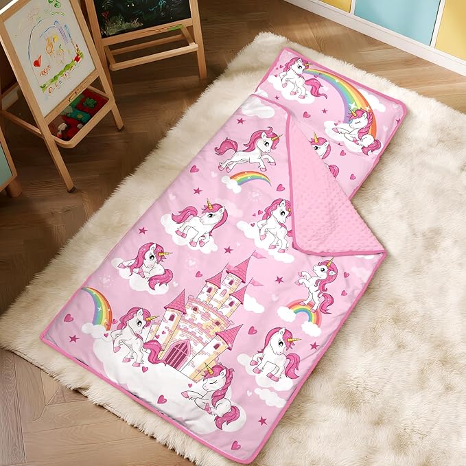 Toddler Nap Mat Kids Sleeping Bag 59"×24", Soft Slumber Bag with Removable Pillow and Blanket for Kids Girls Boys,Roll Up Sleeping Mat Thick for Camping,Daycare, Kindergarden
