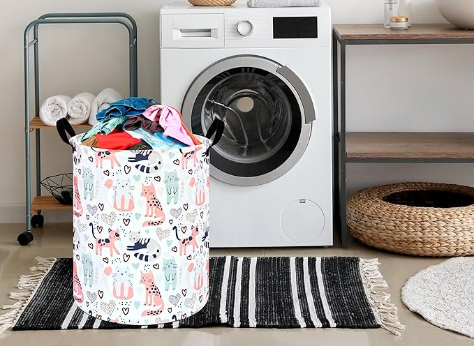 KUNRO Round Cat Laundry Gift Basket Storage Hamper, Kids Toys and Clothes Storage Organizer Bins, Toy Shelf Basket with Handles for Room Decor