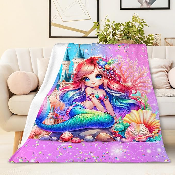 Girls Blanket, Mermaid Throw Gift for Kids Adults Mermaid Lovers Daughter 60x80 Inches Soft Warm Throw Blankets for Sofa Couch Bed Trip Cute Decor Stuff