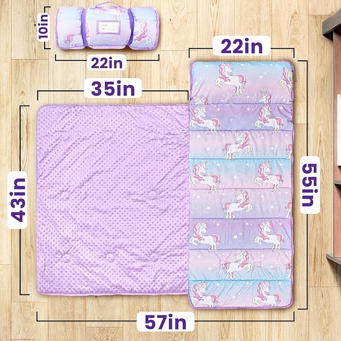 Toddler Nap Mat with Pillow and Minky Blanket, Large 55"x35" Sleeping Bag, Washable, Lightweight, Easy to Roll, Perfect for Preschool, Daycare, Kindergarten, Travel, Boys and Girls