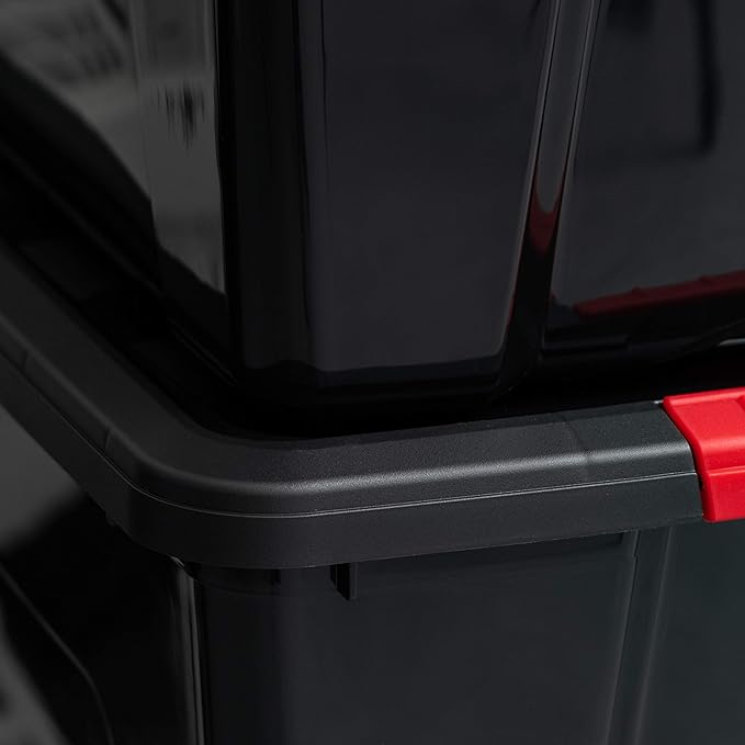 IRIS USA 72 QT Plastic Storage Box with Lid and Latches - 4 Pack - BPA-Free, Garage Organizing Solution, Durable Nestable Stackable Containers, Secure Pull Handle - Black