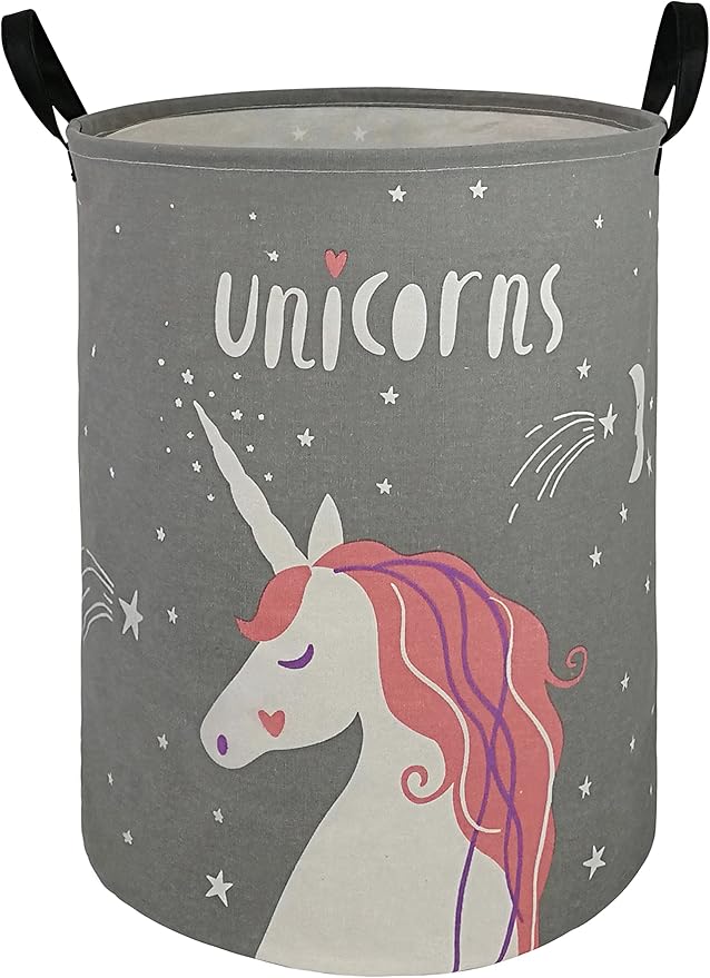 KUNRO Round Laundry Basket Hamper Kids Toys and Clothes Storage Basket Children Gift Basket Baby Toy Organizer Bins for Room Decor (Grey Unicorn)