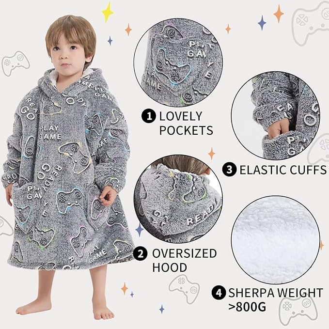 Fiosnow Glow in the Dark Game Controller Blanket Hoodies for Kids Toddler 2-6YR Oversize Wearable Blanket Hoodies for Boys Girls