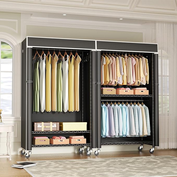FUTASSI Clothing Rack with Cover, P1C Rolling Closets with Wheels, Metal Garment Rack for Hanging Clothes, Clothing Storage Wardrobe with Cover, 36.2" W x 16.5" D x 80.5" H, Black, Load 450 Pounds