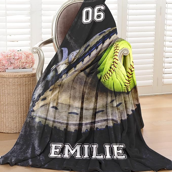 Personalized Baseball Blanket for Baby Kids - Custom Name and Number - Soft Warm and Fluffy Flannel Fabric Gift for Sports Lovers 40x50inch