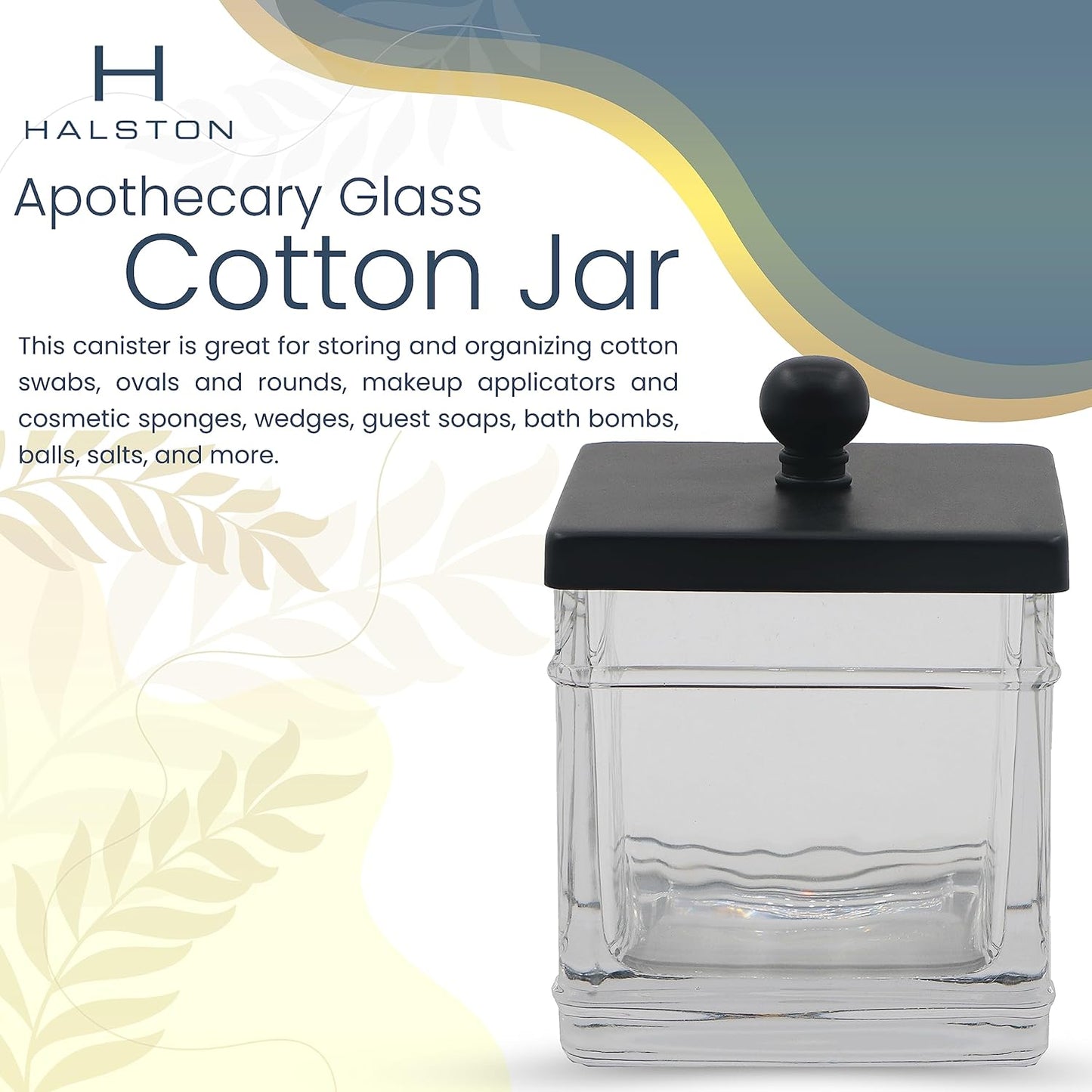H Halston Apothecary Glass Cotton Jar Holder for Qtips, Cotton Balls, Floss, Storage Canister, Bathroom Organization, With Matte Black 304L Stainless Steel Lid, Makeup Vanity Organizer