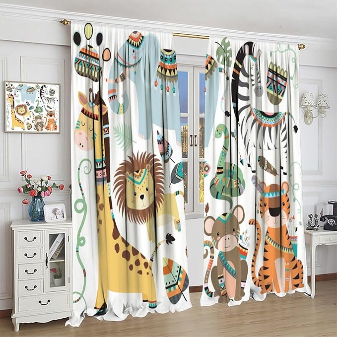 Jungle Tribal Animals Curtains, Southwest Aztec Cartoon Funny Zoo Animals Giraffe Lion Elephant Zebra Tiger Print Thermal Insulation Window Drapes for Kids Boys Girls Bedroom Living Room 63x72in