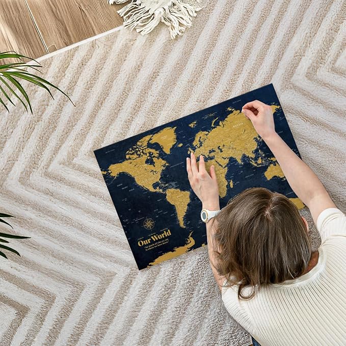 ElephantStock - Personalized Push Pin World Map - Gold Wall Art - Horizontal Canvas Wall Art - Living Room Wall Decor - Digital Art Map Canvas Art - Orange And Blue Decor - 24" x 16"