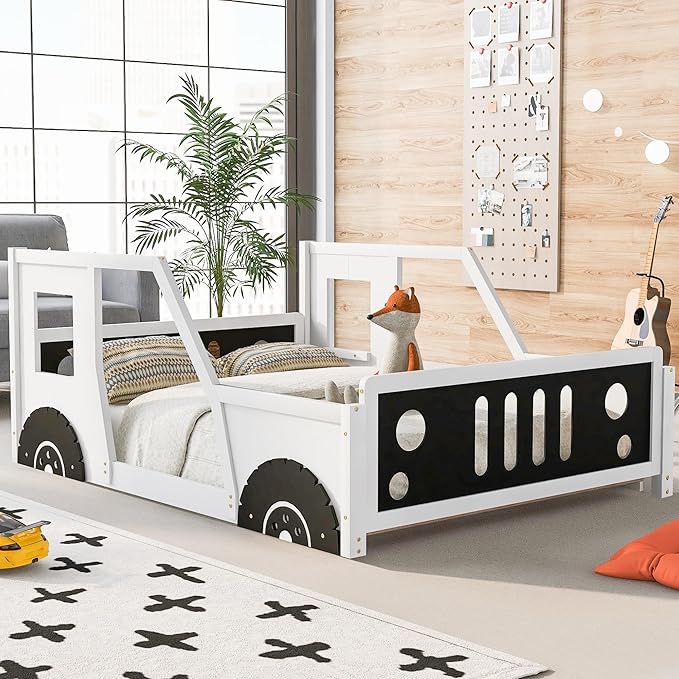 Full Car Bed, Full Size Kids Bed, Classic Car-Shaped Platform Bed with Wheels, Wood Full Montessori Bed, Full Floor Bed Frame for Boy Girls, White+Black