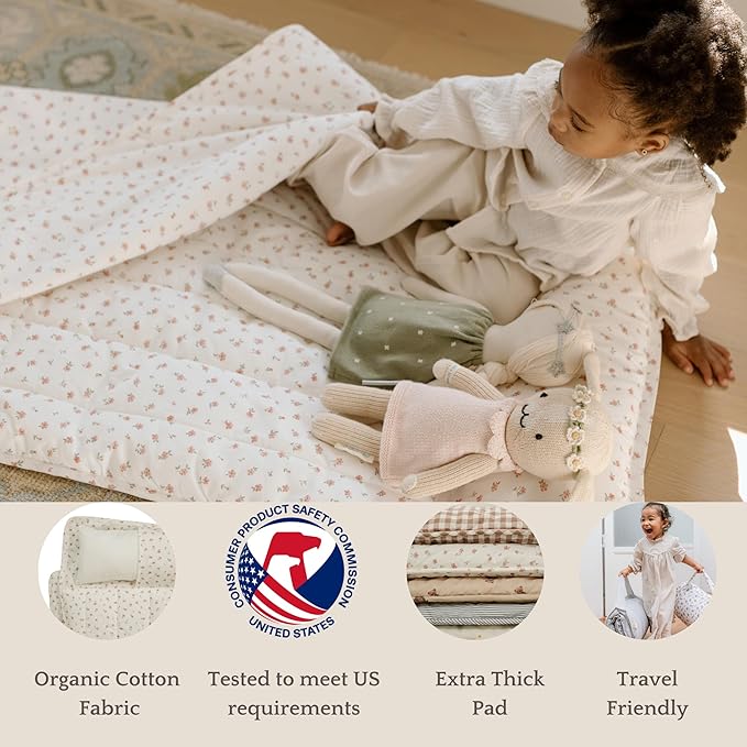 Organic Toddler Nap Mat – 100% Cotton Kids Washable Sleeping Mat & Detachable Pillow – Sleeping Bag with Soft 1.5” Pad – Ideal Nap Mat for Daycare, Preschool, & Sleepovers