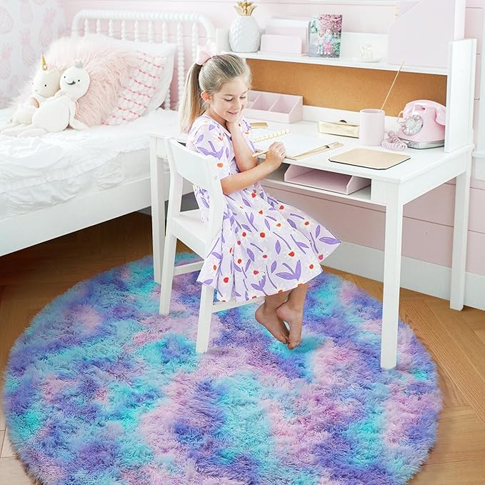 Amdrebio Purple Rainbow Round Rug 4Ft for Bedroom Girls Room Decor, Mermaid Stitch Frozen Kids Rugs for Playroom Nursery Dorm, Fluffy Furry Cute Shag Carpet, Kawaii Circle Area Rugs for Baby Toddler