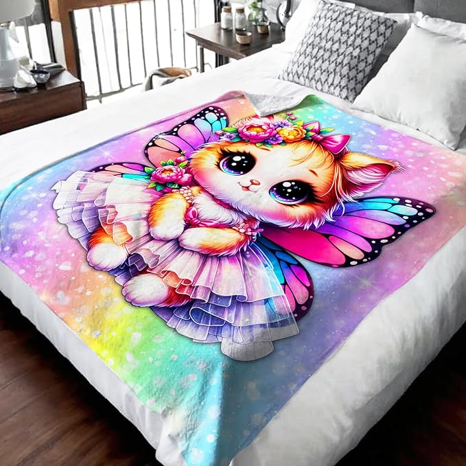 Cat Blanket for Girls, Throw for Kids Teens Adults Cat Lovers 60x80 Inches Soft Cozy Rainbow Print Throw Blankets for Sofa Couch Bed Travel Daughter Birthday Gift