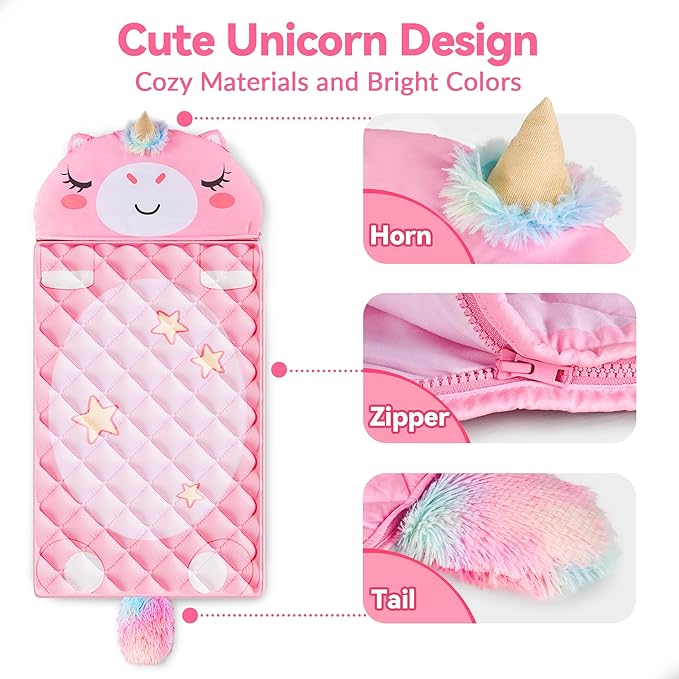 iPlay, iLearn Kid Sleeping Bag, Unicorn Slumber Sack, Toddler Girl Nap Mat, 2 in 1 Pink Animal Cushion Blanket, Happy Travel Sleepover Daycare Preschool Birthday Gift for 3 4 5 6 Year Old Child