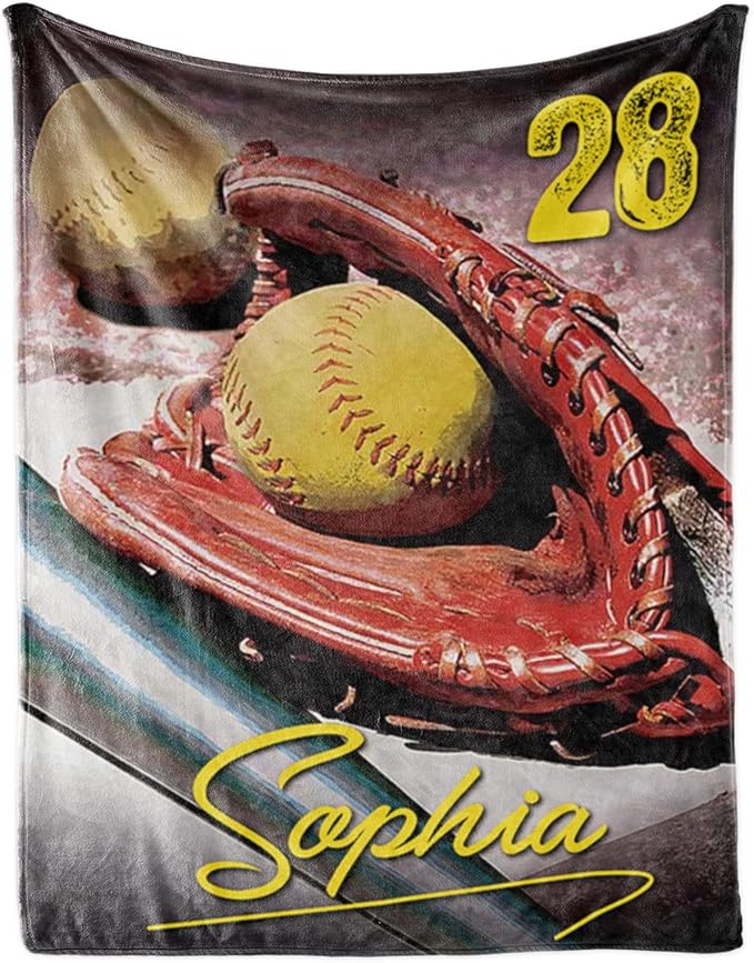 Baby Kids Personalized Baseball Blanket - Custom Name and Number - Soft Warm and Fluffy Flannel Fabric Gift for Sports Lovers 50x60inch