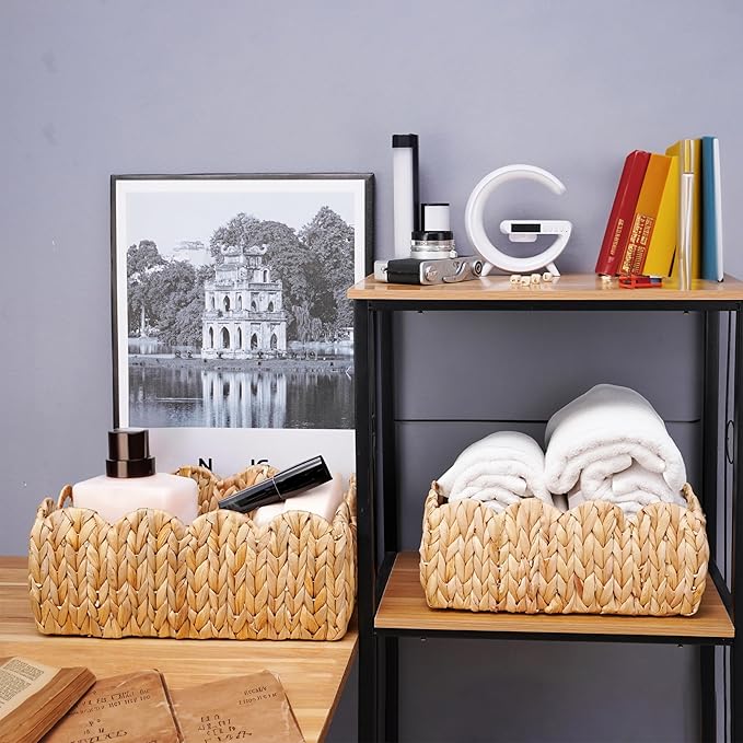 Set of 2 Scalloped Edge Wicker Storage Basket with Built-in Handles, Rectangle Water Hyacinth Basket for Organizing, Decorative Woven Rattan Basket for Shelf, Nursery Room