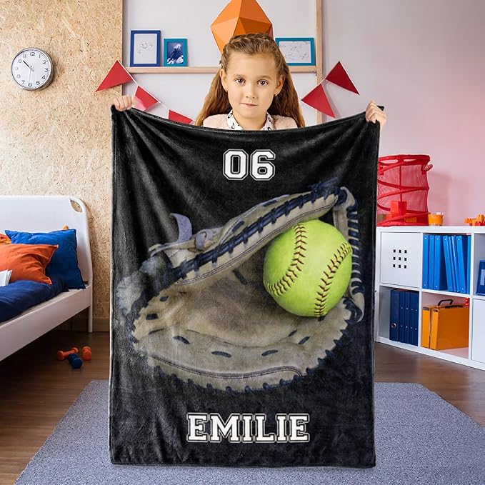 Personalized Baseball Blanket for Baby Kids - Custom Name and Number - Soft Warm and Fluffy Flannel Fabric Gift for Sports Lovers 30x40inch