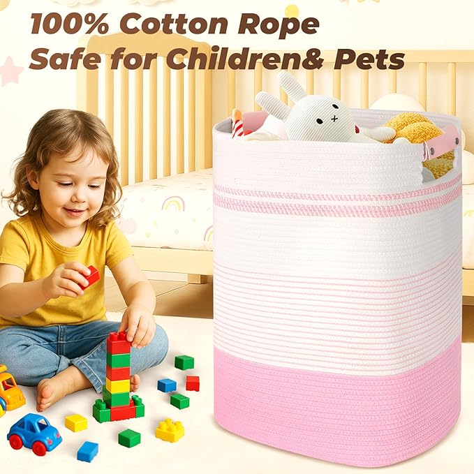 Laundry Basket with Handles - Blanket Basket & Hampers for Bedroom Aesthetic, Laundry Hamper & Blanket Storage for Living Room, Clothes Hamper, Tall, Large 17" x 14" x 22”, Pink & White