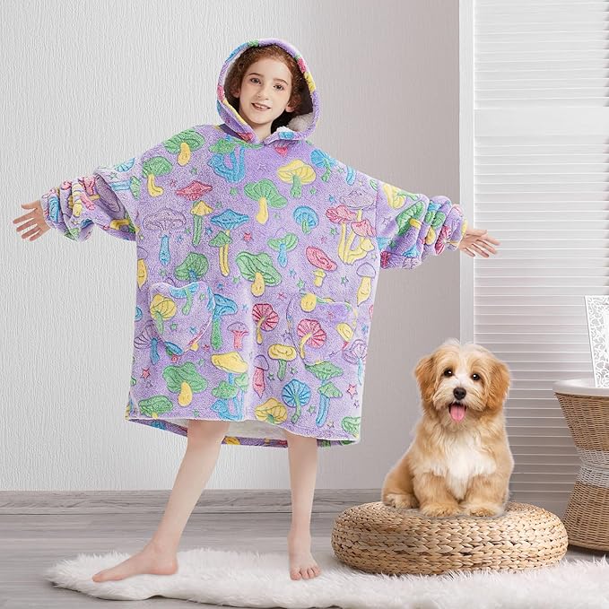 Fiosnow Glow in the Dark Mushroom Blanket Hoodies for Kids 6-13YR Oversize Wearable Blanket Hoodies for Boys Girls Teens