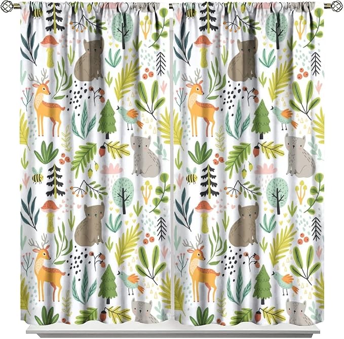 Cartoon Forest Kids Blackout Curtains,Cute Woodland Wild Animals Colorful Deer Plants Trees Print Pattern Thermal Insulation Window Drapes for Nursery Boys Girls Bedroom,White Background 63x63in