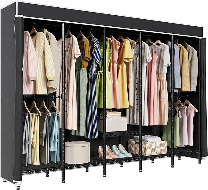 94.5"W Heavy Duty Clothing Rack with Cover, H5C Garment Rack with Adjustable Shelves Freestanding Wardrobe Closet with Hanging Rods Portable Closet, Black Rack with Black Cover, Load 1400 lbs