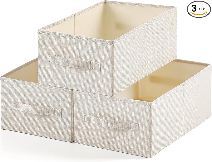 Linen Folding Storage Bins, 3 Pack Large Storage Baskets, Washable, Clothing Storage Bins with Handle, Closet Organizer for Storage Sweater,Sheets (Beige, 16"x9½"x6¾")