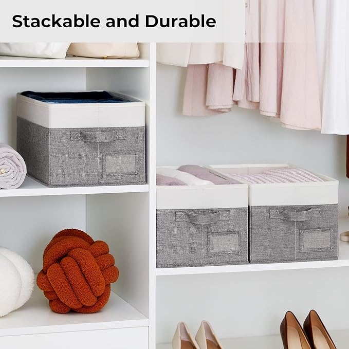 GRANNY SAYS Fabric Storage Bins, Closet Storage Bins for Clothes, Shelf Storage Baskets with Handles, Collapsible Storage Boxes, Decorative Storage Containers, Gray and White, Large, 3-Pack