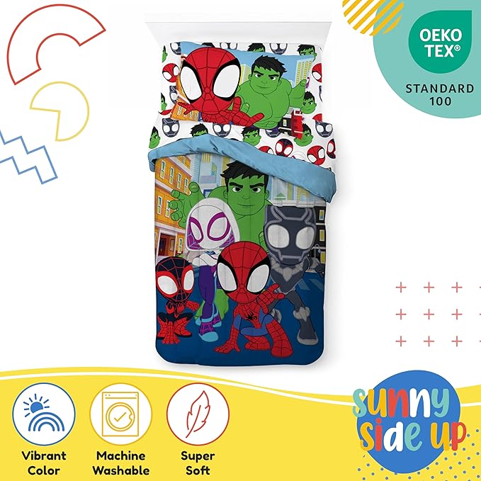 Sunny Side Up Marvel Spidey & His Amazing Friends Twin Comforter Set - 5 Piece Kids Bedding Includes Comforter, Sheets & Pillow Cover - Super Soft Superheroes Microfiber Bed Set