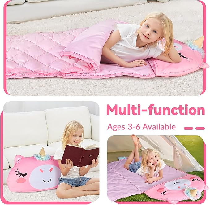 iPlay, iLearn Kid Sleeping Bag, Unicorn Slumber Sack, Toddler Girl Nap Mat, 2 in 1 Pink Animal Cushion Blanket, Happy Travel Sleepover Daycare Preschool Birthday Gift for 3 4 5 6 Year Old Child