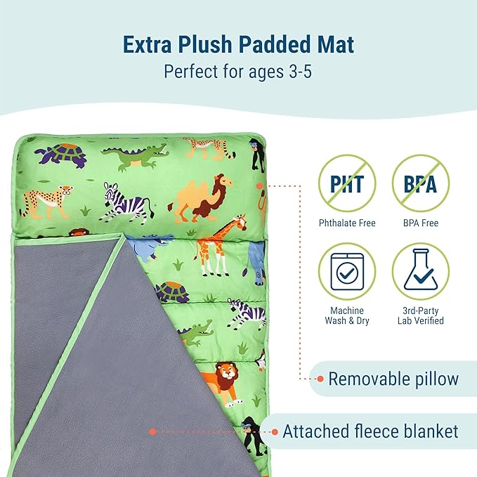 Wildkin 43-inch Kids Nap Mat – Soft Microfiber Toddler Sleeping Mat with Pillow