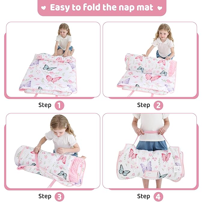 Viviland Toddler Kid Nap Mat for Preschool, White Butterfly Slumber Bag, Daycare Sleeping Bag with Pillow and Blanket, Kindergarten Sleep Mat