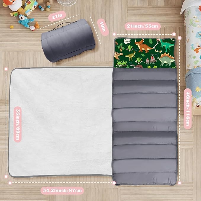 Cute Toddler Nap Mat with Pillow & Blanket，Soft Rolled Napping Mats for Boys and Girls