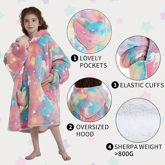 Fiosnow Glow in the Dark Unicorn Blanket Hoodies for Kids 6-13YR Oversize Wearable Blanket Hoodies for Boys Girls Teens
