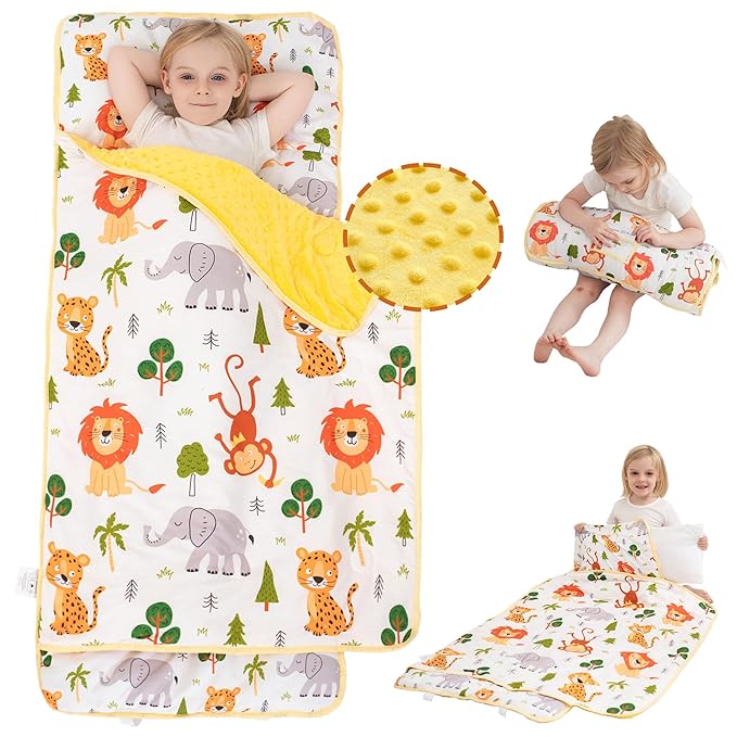 Viviland Toddler Nap Mat with Pillow and Minky Dot Blanket, Rolled Sleeping Mat/Slumber Bag for Girls Boys, Kids Nap Mat for Preschool, Daycare, Kindergarten, Travel Camping - Zoo Animal