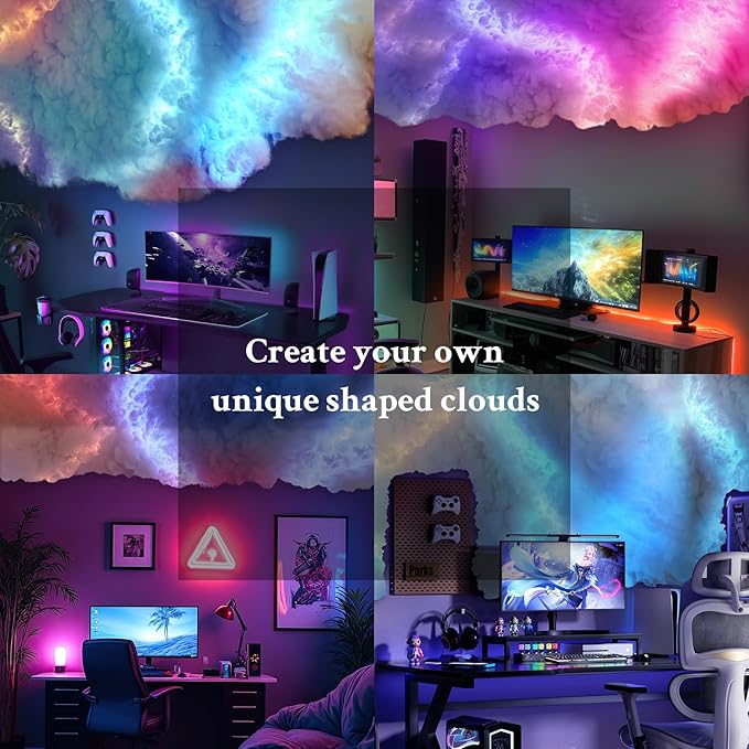 ,New 3D Thundercloud LED Light Cotton Lightning Cloud Colorful Atmosphere Night Light, DIY Creative Cloud Lights Gaming Room Garage Club Bar dj Party,16 Feet