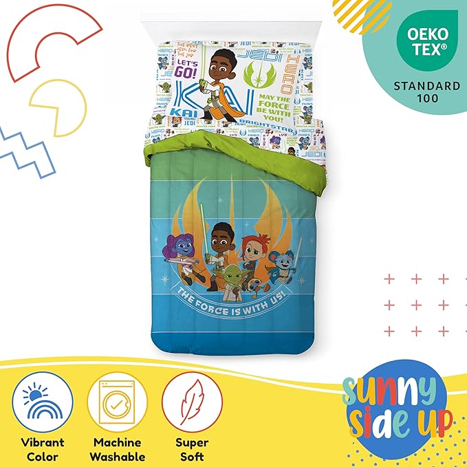 Sunny Side Up Star Wars Young Jedi Adventures Twin Comforter Set - 5 Piece Kids Bedding Includes Comforter, Sheets & Pillow Cover - Super Soft Microfiber Bed Set